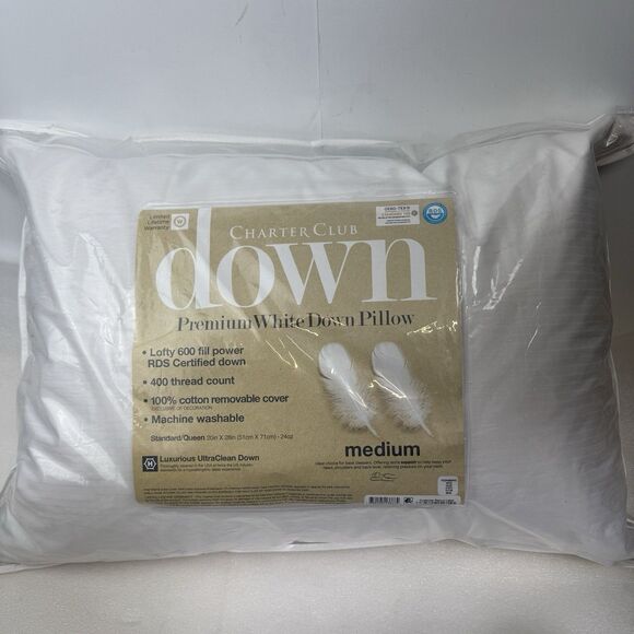 Charter Club White Down Medium Density Pillow, Standard/Queen - Picture 1 of 5